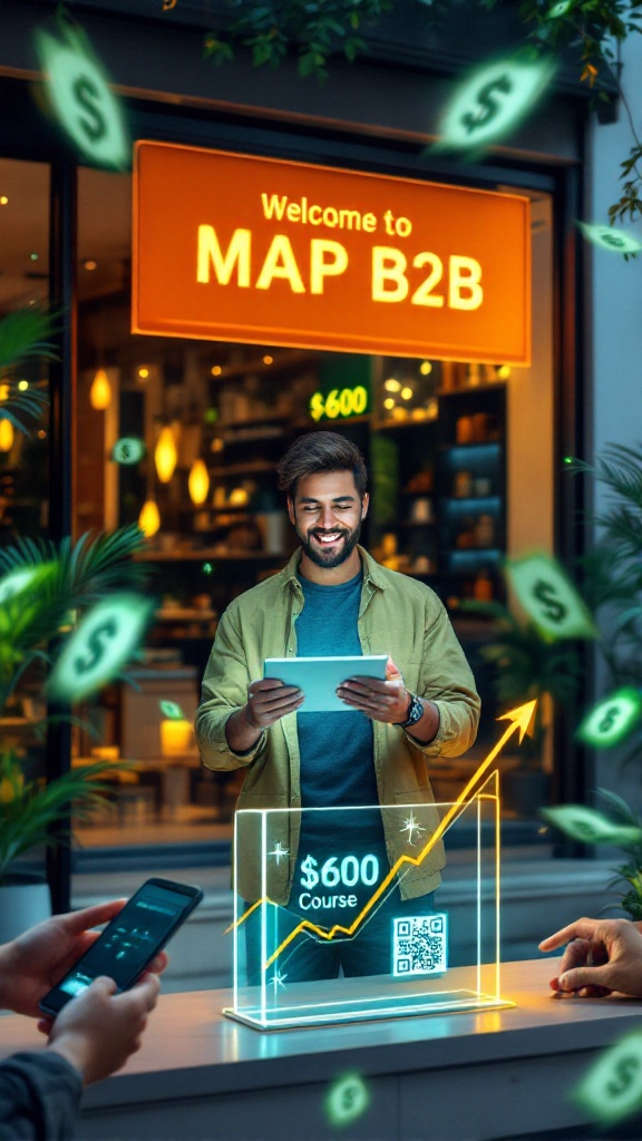 Design a high-quality image capturing the essence of MAP B2B's mission. Show a small business team collaborating over a digital marketing plan, surrounded by laptops, notebooks, and vibrant illustrations of marketing concepts. Utilize soft, natural lighting to create a friendly ambiance, with a color palette of greens and yellows representing growth and positivity. The camera angle should be eye-level to reflect engagement and teamwork. Include textured details like a rustic workspace and vibrant sticky notes. The image should be 4K resolution and visually inviting.