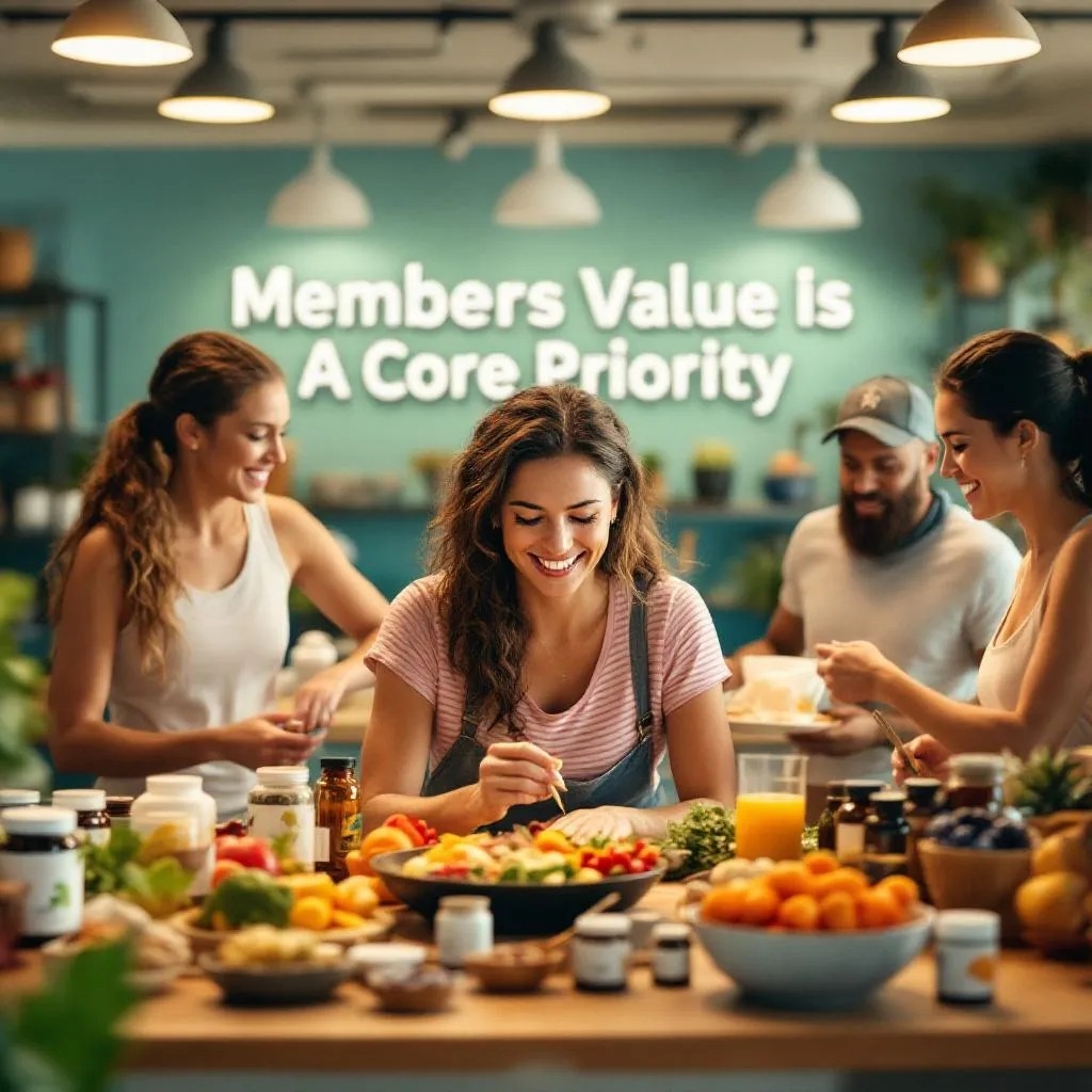 A dynamic scene showcasing members engaged in various services at Shoppy Shop, like a fitness class, spa treatment, and personal shopping assistance. The image is filled with energetic individuals and lively interactions, illuminated with warm lighting to create an inviting environment. The color palette includes exciting reds and greens, emphasizing vitality and community spirit, satisfying the theme of exceptional services offered through membership.