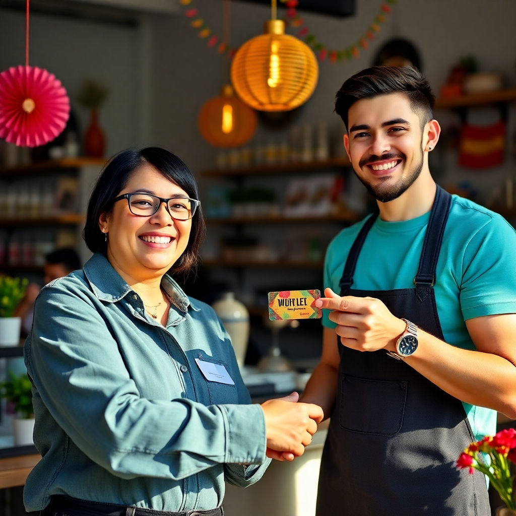 Showcase a loyalty program interaction where a small business owner rewards a satisfied customer. Add elements such as loyalty cards or special offers, with vibrant decorations enhancing the joyful atmosphere. Use natural light to create an inviting feel, focusing on the happy expressions of both individuals. The image should be photorealistic, capturing the warmth of loyalty and connection.