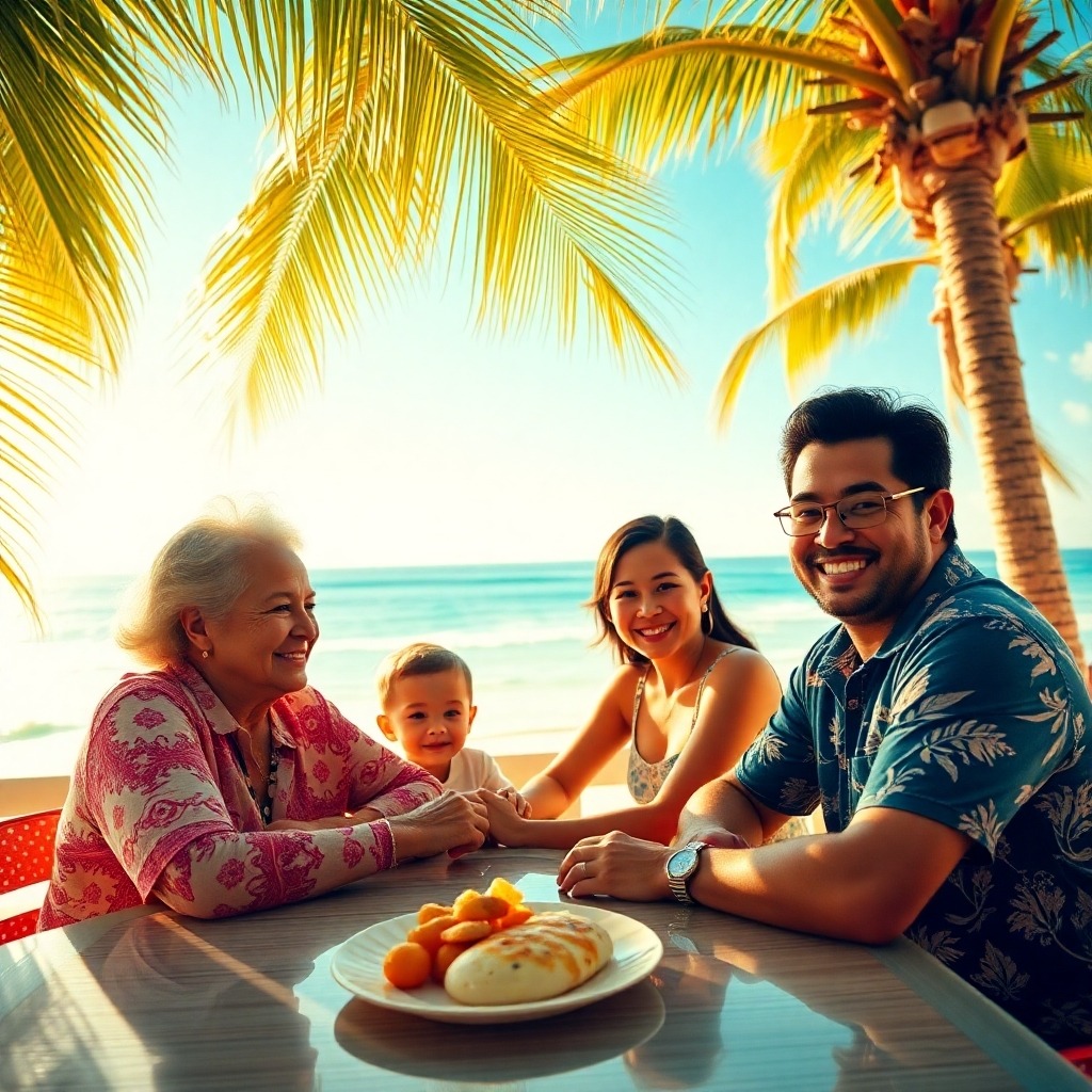 A vibrant photorealistic image depicting a sunny beach destination with a family joyfully exploring the area. The bright blue sky, white sandy beach, and palm trees surround them, and the scene includes travel brochures highlighting discounted prices. The lighting is bright and cheerful, capturing the essence of a joyful travel experience, perfect for engaging potential members to showcase travel opportunities.