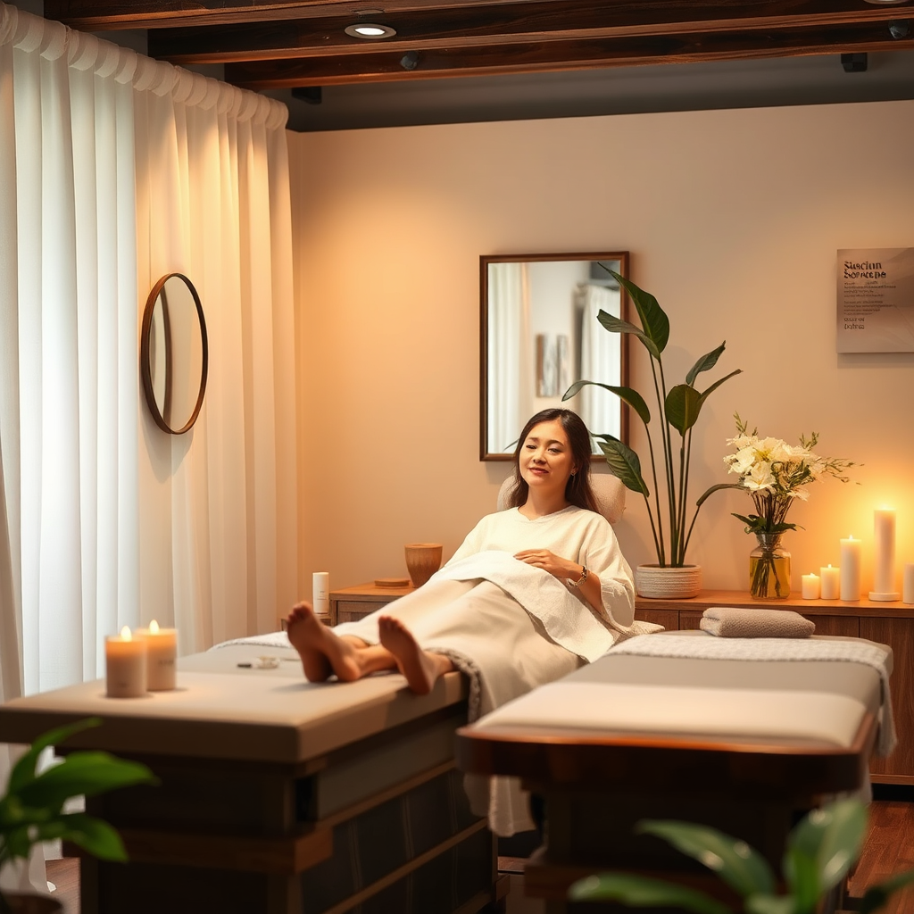 Visualize a cozy treatment room in a salon, with a stylist pampering an engaged client receiving a premium service. Focus on their expressions of relaxation and satisfaction, emphasizing the personalized service aspect. Use warm, soft lighting to enhance the tranquil and inviting environment, highlighting natural materials like wooden treatment tables and soft fabrics. Include props like scented candles and lush plants to evoke a sense of care and luxury. The level of detail should achieve a 8K hyperrealistic quality, symbolizing the deep connection between client and service.