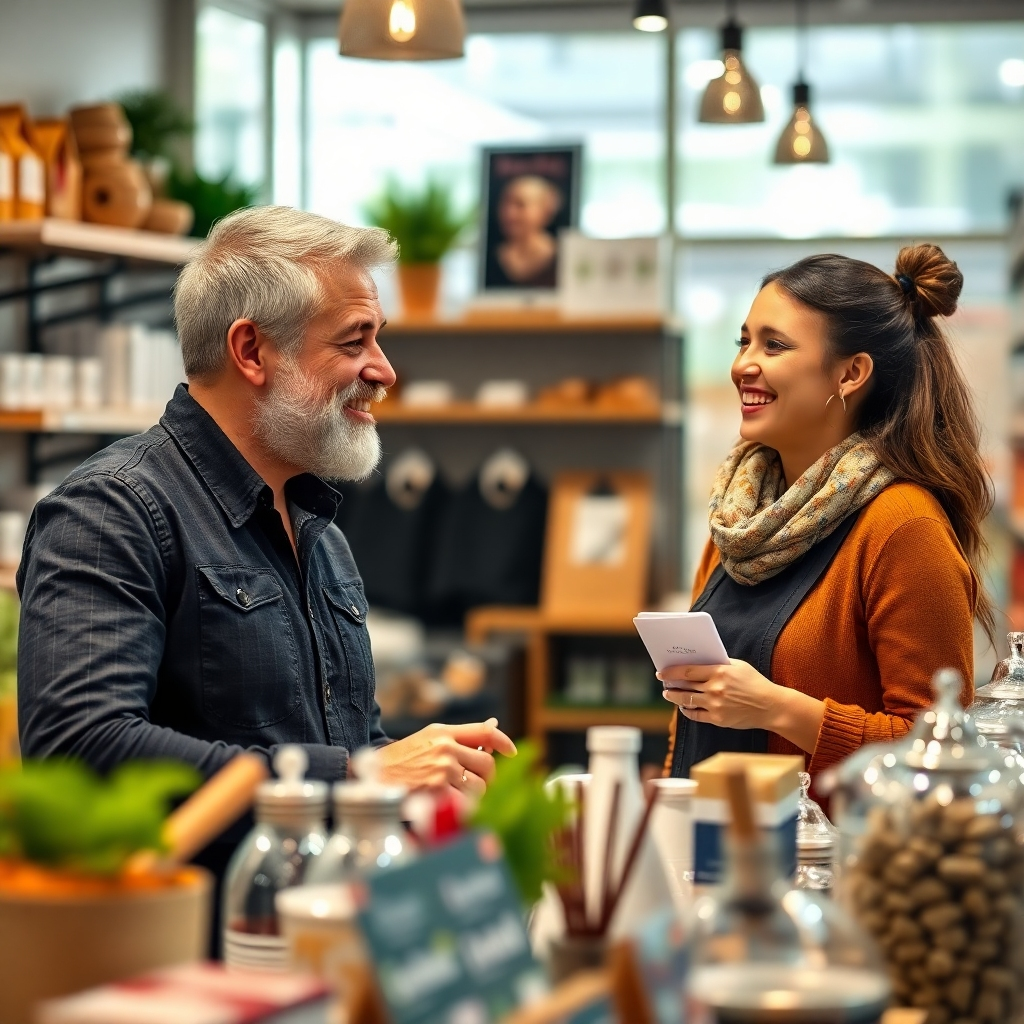 Visualize a customer engagement scenario highlighting a small business owner discussing with a happy customer. Showcase products and branding elements prominently, with a bright and cheerful atmosphere. Use a soft focus to draw attention to their interaction and smiles. Ensure high-quality details in expressions and textures, depicting a genuine connection. The image should be engaging and photorealistic.