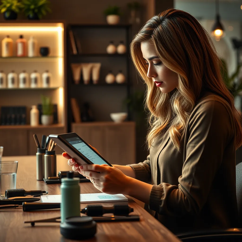 Visualize a detailed scene of a salon consultation space where a stylist reviews customer feedback on a tablet. The composition includes a well-furnished table with hair styling tools and product samples, emphasizing the salon's professional expertise. Use dramatic side lighting to create depth and intrigue, highlighting the stylist’s focused expression while examining the feedback. The background features stylish shelving with hair products and subtle greenery, enhancing the inviting ambiance. The color palette combines warm browns and fresh greens, creating a balanced and vibrant mood. Capture this from a 45-degree angle above the table to showcase both the stylist and the surrounding elements. Ensure the image captures ultra-high detail, creating a hyperrealistic feel.