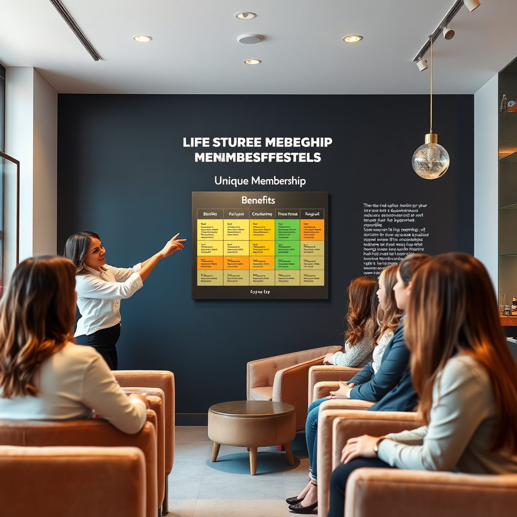 Visualize a stylish salon feature wall displaying unique membership benefits through engaging visuals. The scene includes a salon owner proudly pointing to a displayed benefits chart, while eager patrons listen intently, showcasing the connection between salon services and memberships. The setting should have modern decor and upbeat lighting that enhances the vibrant salon atmosphere. Use textures like plush seating and sleek finishes. Ensure the image is hyperrealistic at 8K, emphasizing the salon's unique and attractive offerings.