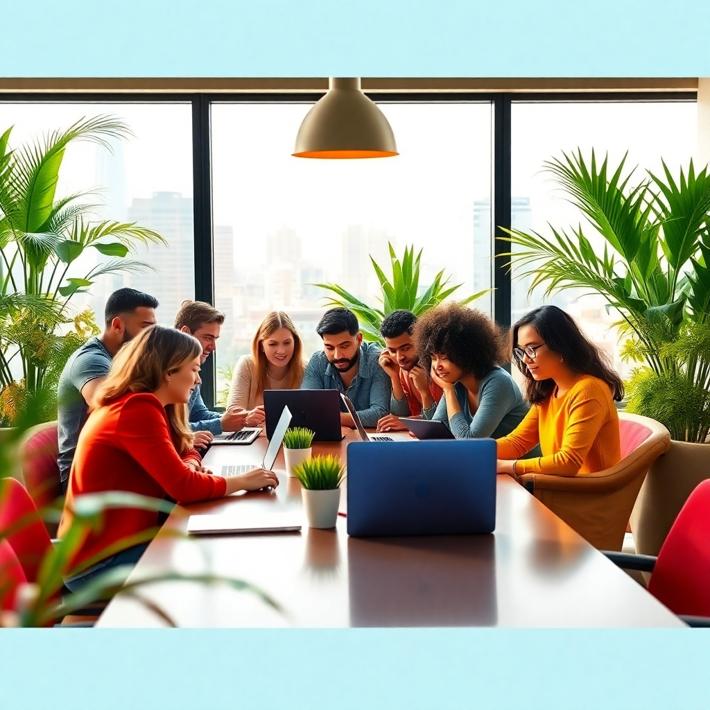 Visualize an inviting scene of a diverse group of people gathered around a table in a modern co-working space, each person focused on their laptops and discussing ideas. The atmosphere is vibrant, filled with enthusiasm and collaboration. Large windows showcase a cityscape, blending with indoor greenery. The scene should evoke feelings of community and support in a well-lit space, using bright colors to enhance positivity. The image should be photorealistic, capturing the essence of teamwork and motivation in 8K resolution.