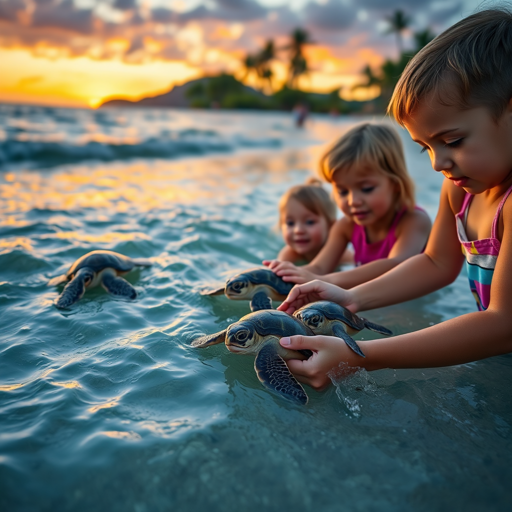 A group of children releasing baby sea turtles into the ocean. The setting is a tropical beach at sunset. The colors should be vibrant and the lighting warm. Focus on the children's excitement and connection with nature. 4k resolution, high detail.