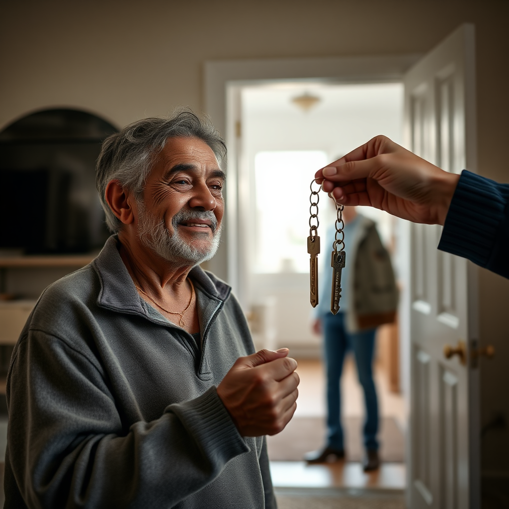 A photorealistic image of a formerly homeless person receiving keys to their new apartment. The setting is a modest but clean and welcoming apartment. Focus on the recipient's expression of hope and gratitude. Soft, natural lighting. 4K resolution, authentic representation.