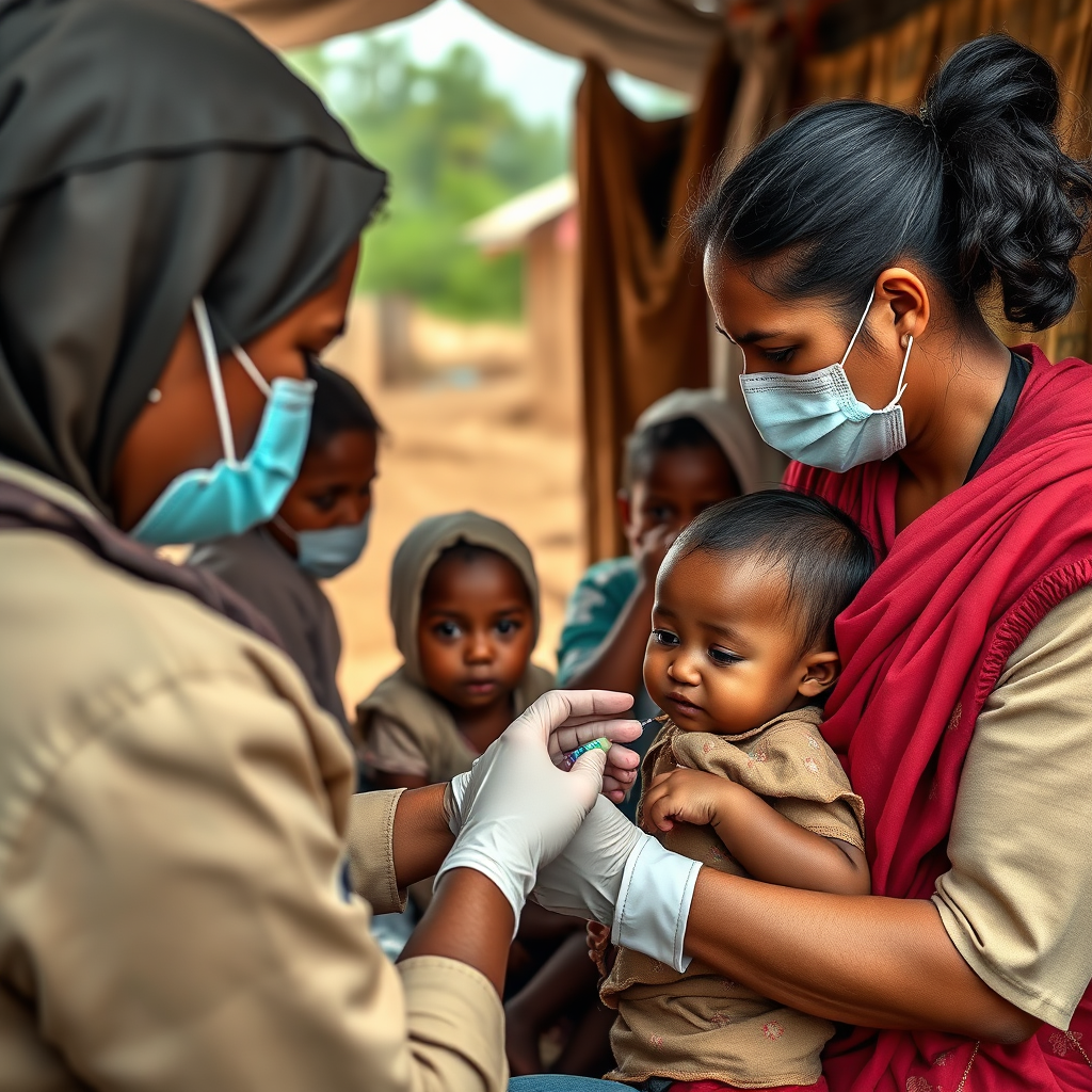 A photorealistic image of a mobile health clinic providing vaccinations to children in a remote village. The setting is a rural or underserved community. Focus on the care and compassion of the medical staff. Soft, natural lighting. 4K resolution, authentic representation.