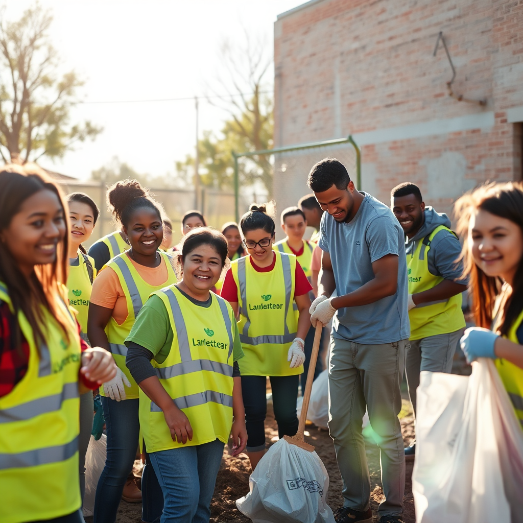 A photorealistic image showcasing a diverse group of volunteers working together on a community project. The environment is a clean-up effort or building project. The lighting should be bright and positive. The image should convey a sense of teamwork and purpose. 4K resolution, high quality rendering.