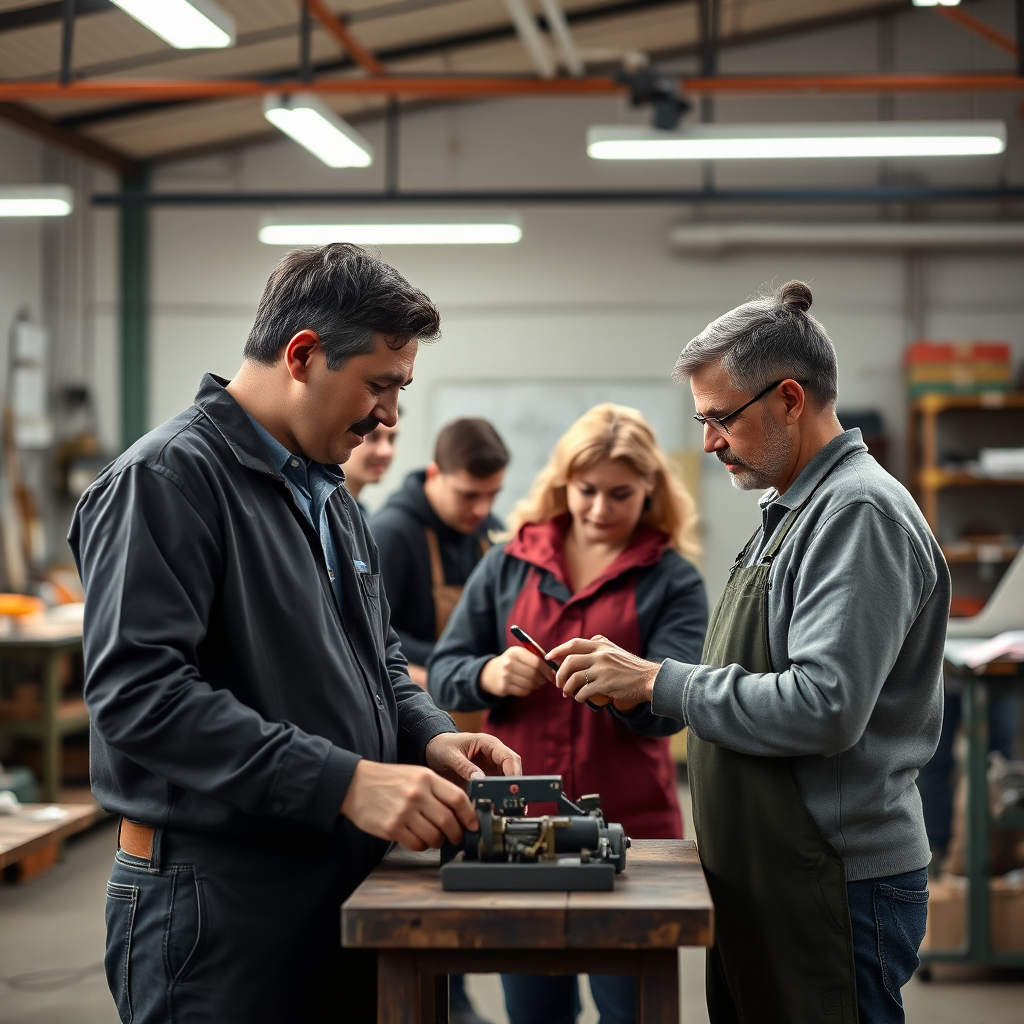 A photorealistic image showcasing a vocational training program where adults are learning new skills. The environment is a workshop or training center. The lighting should be bright and focused on the instructors and participants. The image should convey a sense of progress and empowerment. 4K resolution, high quality rendering.