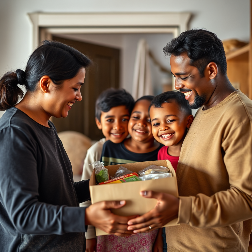 A warm, inviting image of a family receiving a food package. Show genuine smiles and gratitude. The setting is a modest home. Soft, natural lighting. Focus on the connection between the giver and receiver. 4K resolution, authentic representation.