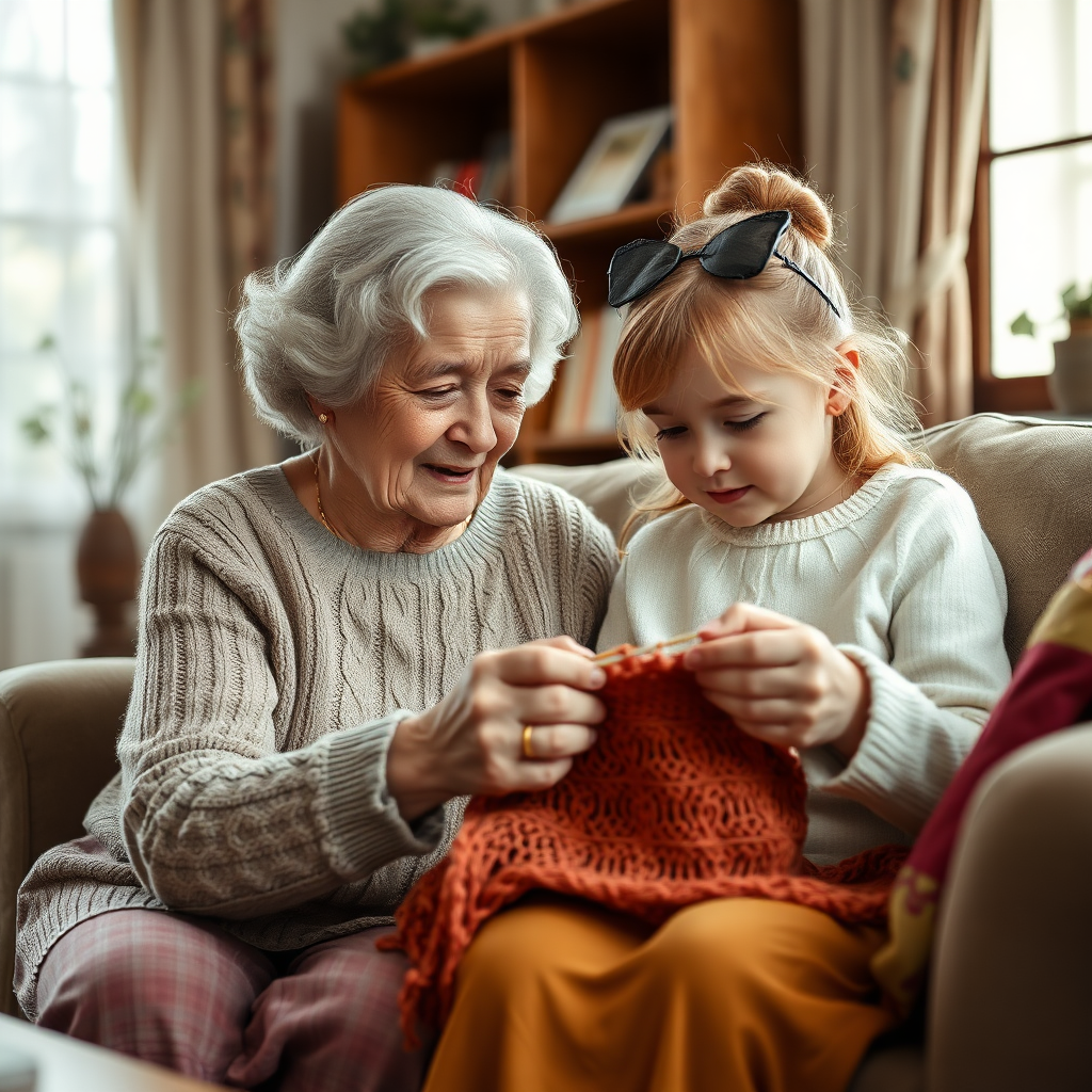 An elderly woman teaching a young girl to knit. The scene takes place in a warm, cozy living room with soft, natural lighting. Focus on the bond between the generations and the passing down of skills and traditions. 4K resolution, high detail.