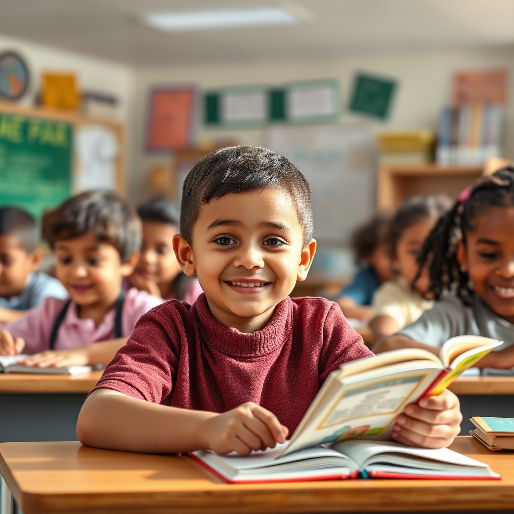 Photorealistic image depicting a diverse group of children learning in a well-equipped classroom. The lighting is bright and natural, highlighting the children's engaged expressions. Desks, books, and educational materials are visible. Focus on a child smiling while reading a book. 4K resolution, realistic detail.