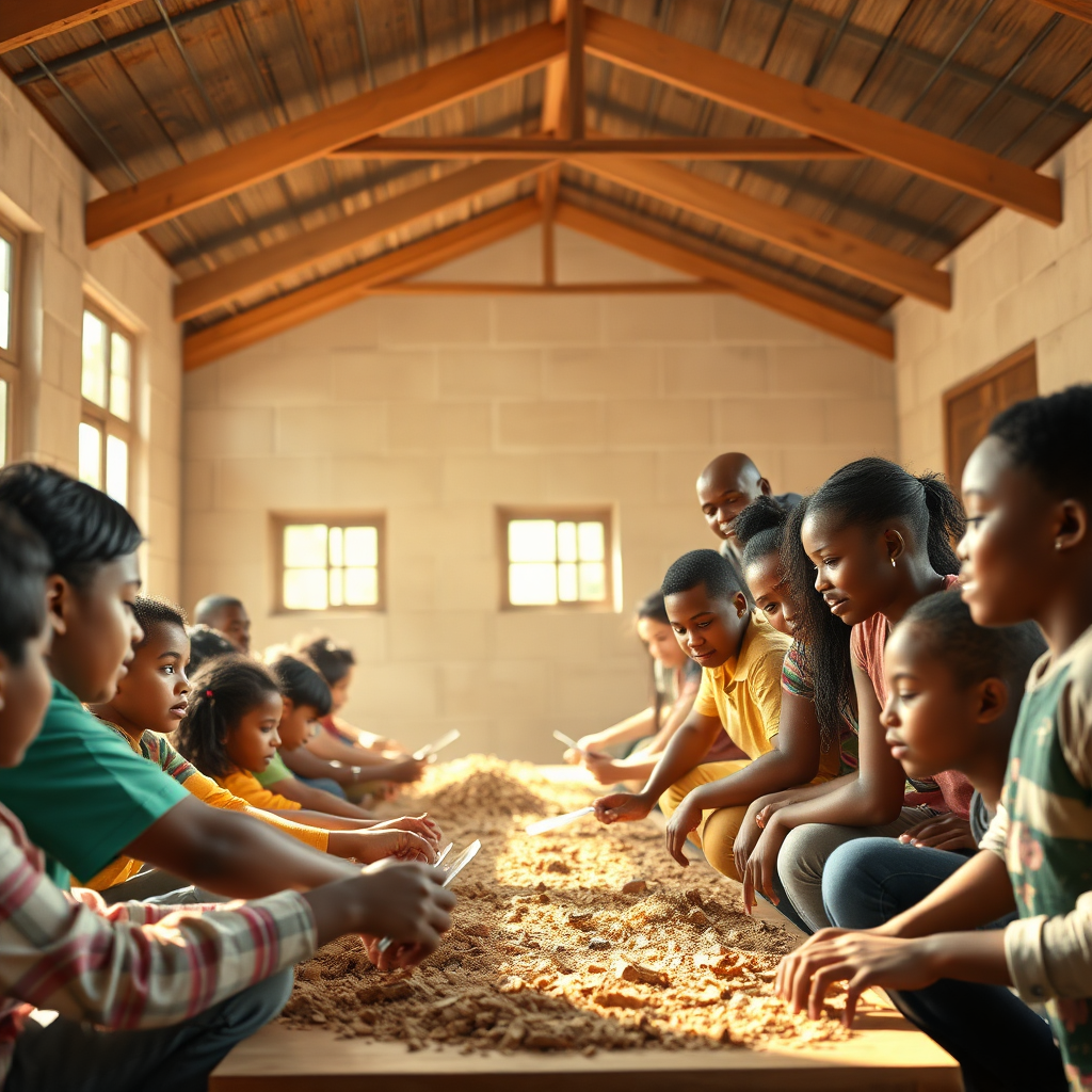 Photorealistic image of a community coming together to build a new school or community center. The environment should be a vibrant and supportive atmosphere. The lighting should be warm and welcoming. The scene should depict diverse community members working together harmoniously. 4k resolution.