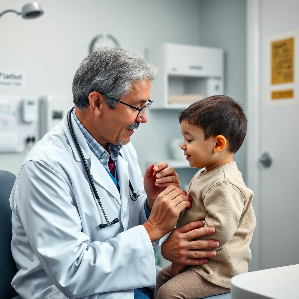 Photorealistic image of a doctor compassionately examining a child in a clean, well-equipped clinic. The lighting is soft and comforting. The scene should convey a sense of trust and care. Focus on the doctor's gentle touch and the child's calm demeanor. 4k resolution.
