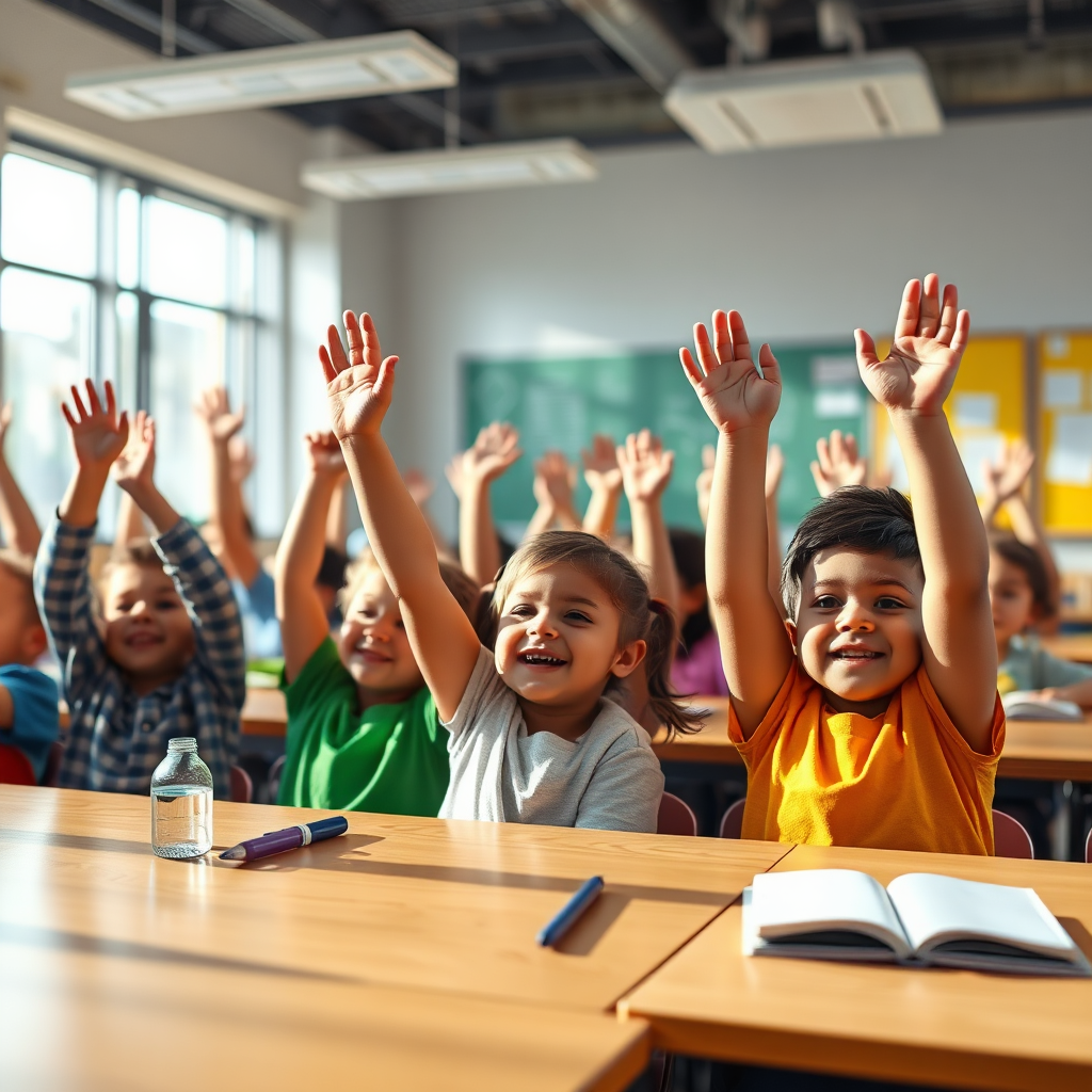 Photorealistic image of children eagerly raising their hands in a vibrant classroom. The lighting is bright and inspiring. The scene should depict an engaging learning environment with modern tools. The composition should emphasize the children's enthusiasm and curiosity. 4k resolution.