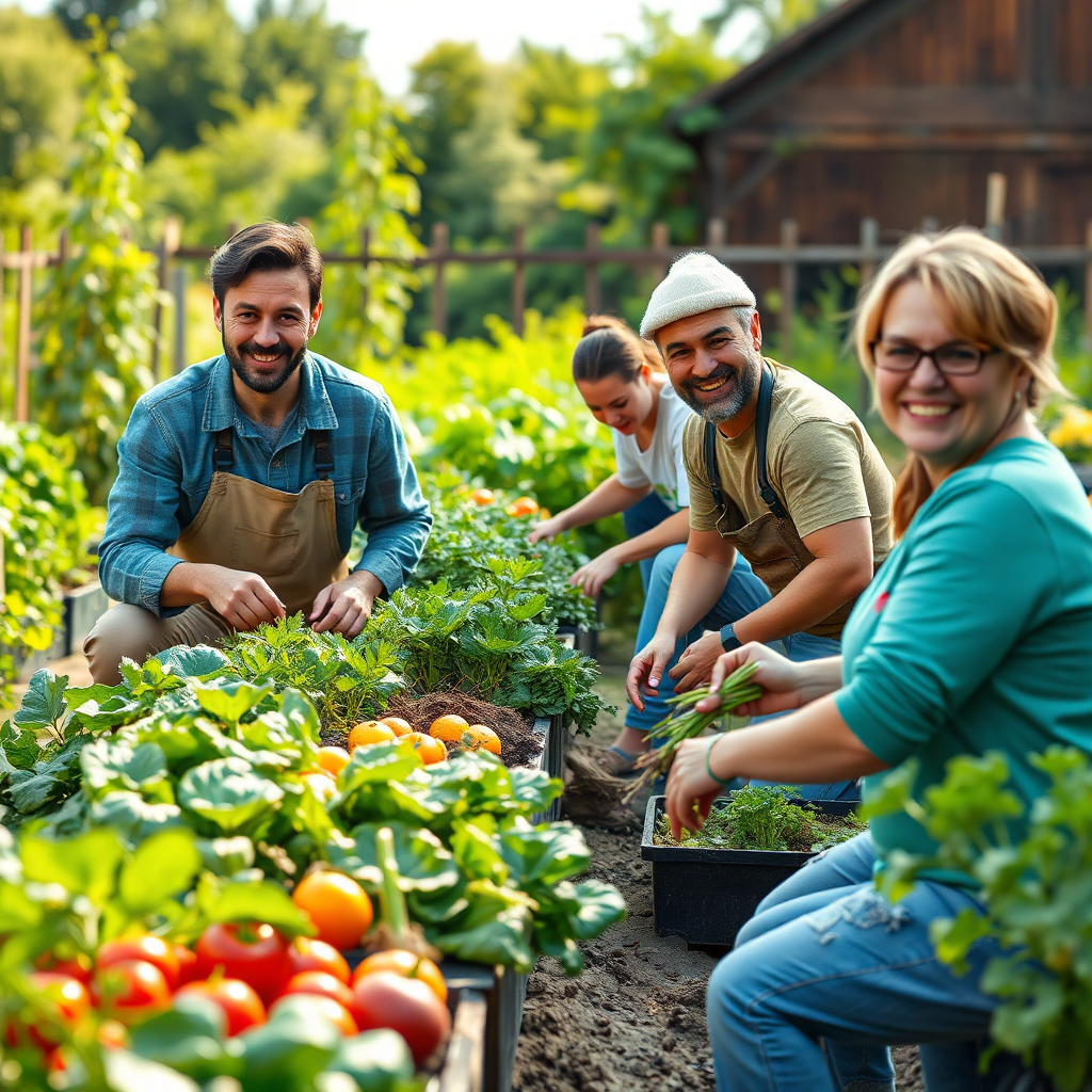 Photorealistic image showing a community garden where people are working together to grow vegetables. The image should be bright and colorful, filled with a variety of vegetables. The people are smiling and look happy. 4k resolution, high detail.