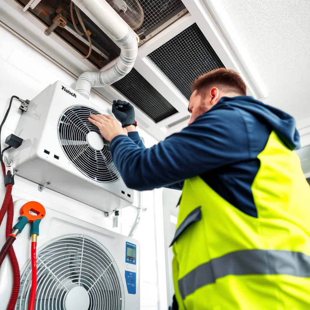 A dynamic image of an HVAC technician installing a cooling system in a residential setting. The bright, clean environment emphasizes professionalism and expertise. Tools and equipment are neatly arranged, showcasing efficiency. The camera angle captures the technician in action, focused and precise, surrounded by the latest cooling technology.