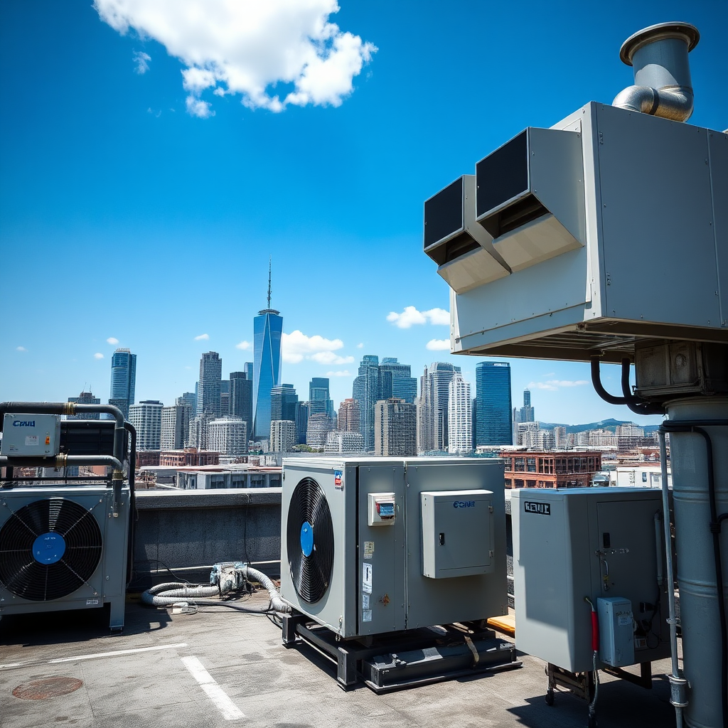 A dynamic image showcasing commercial HVAC systems installed on a rooftop. The scene captures a bustling city skyline in the background under a clear blue sky. The focus is on the equipment's robustness, illustrating the power and efficiency of commercial HVAC. The environment conveys professionalism and advanced technology.