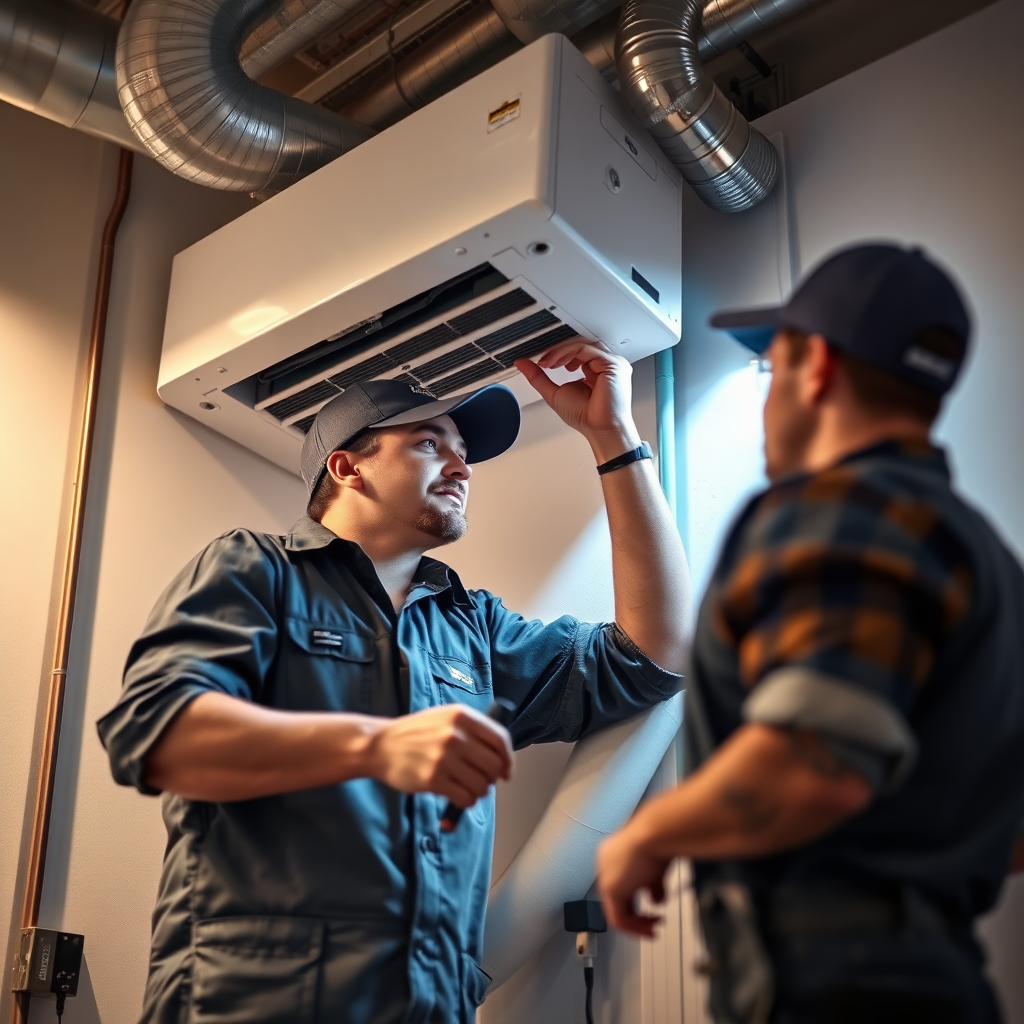 A photorealistic image showing a technician installing a new HVAC system. The setting is well-lit and modern, highlighting the professionalism of the technician and the state-of-the-art equipment. The viewer can appreciate the precise tools and new equipment's clean lines, emphasizing the quality of the installation process.