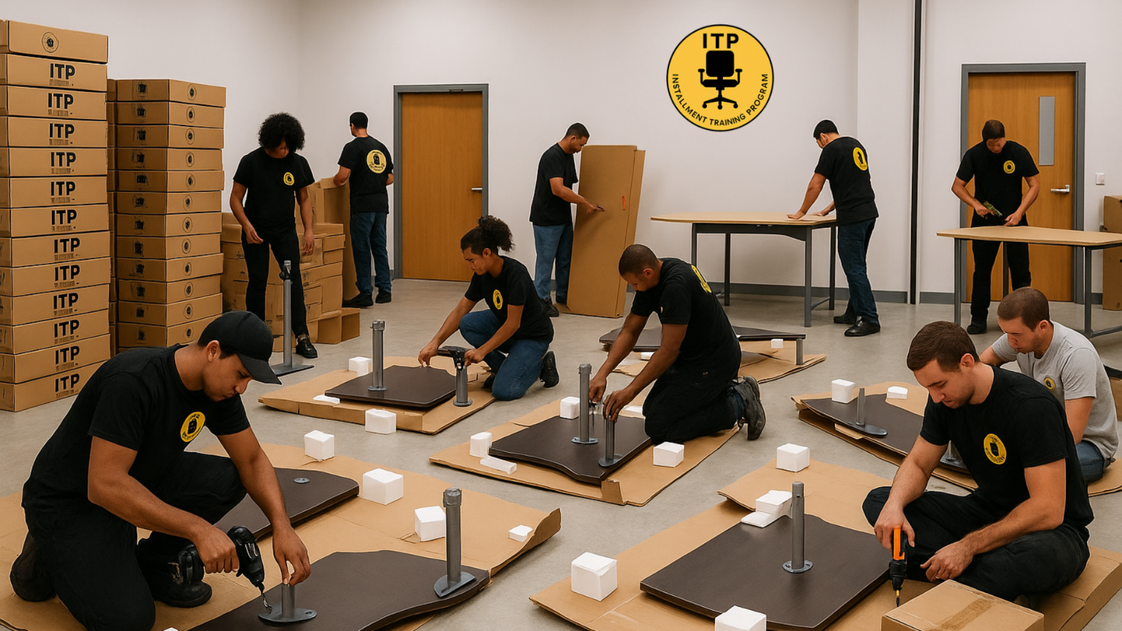 A photorealistic image of a furniture assembly professional carefully assembling a modern desk. The tools are neatly organized, and the environment is clean and professional. Focus is on precision and efficiency.
