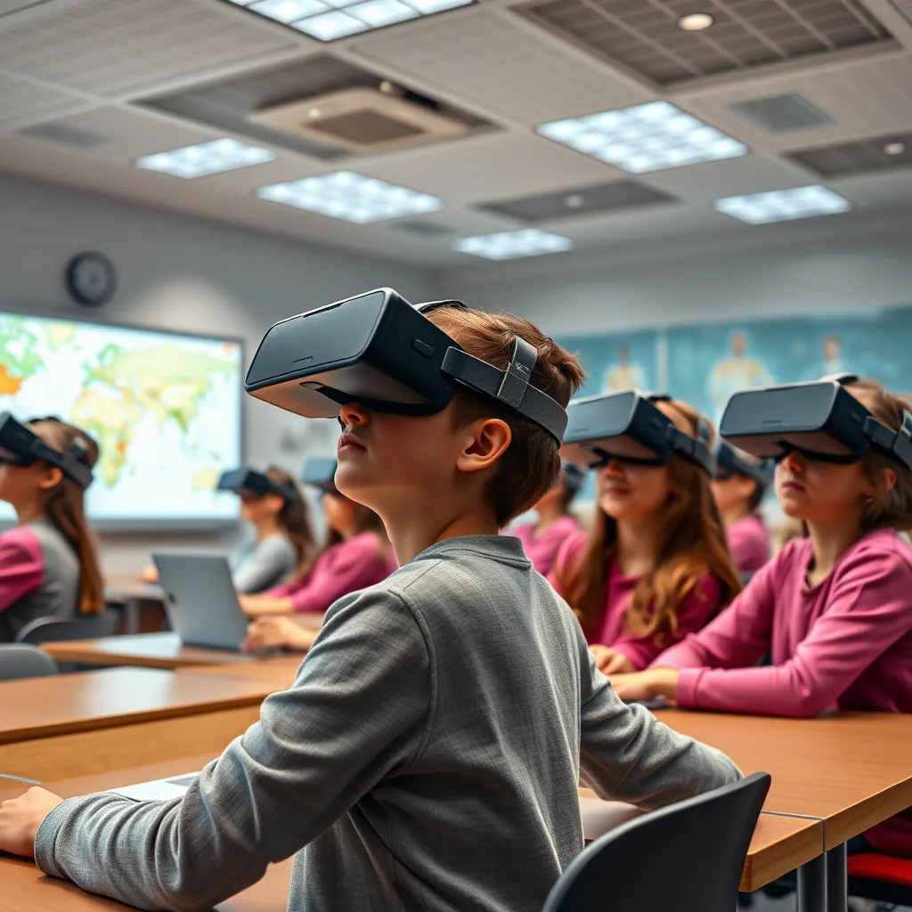A classroom filled with students using virtual reality headsets to learn about different cultures and historical events. The classroom is modern and technologically advanced, with interactive whiteboards and laptops available for students to use. The image should depict the integration of technology in education and the potential of VR for learning.