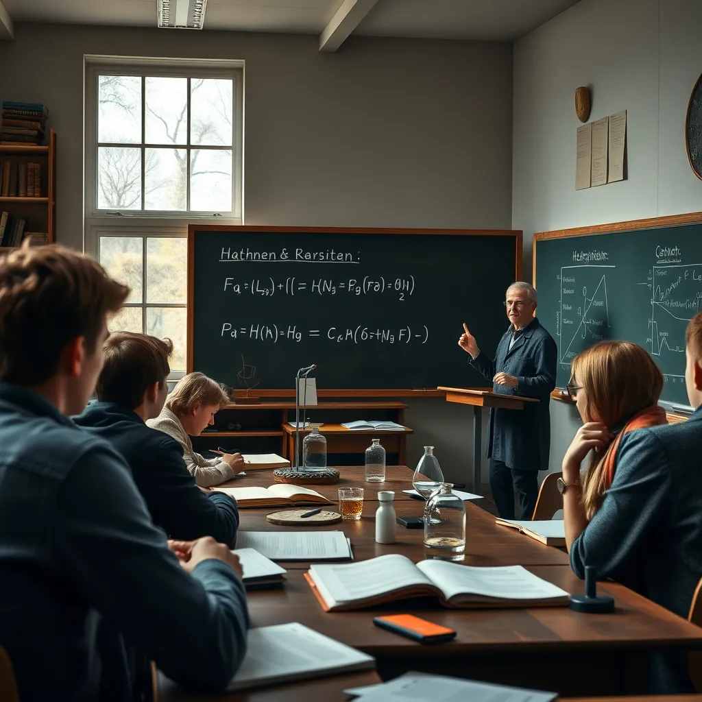 A classroom scene with a German teacher explaining a complex scientific formula to a group of attentive students. The classroom should be equipped with traditional learning materials like textbooks, chalkboards, and scientific models, emphasizing the focus on theoretical knowledge and critical thinking.
