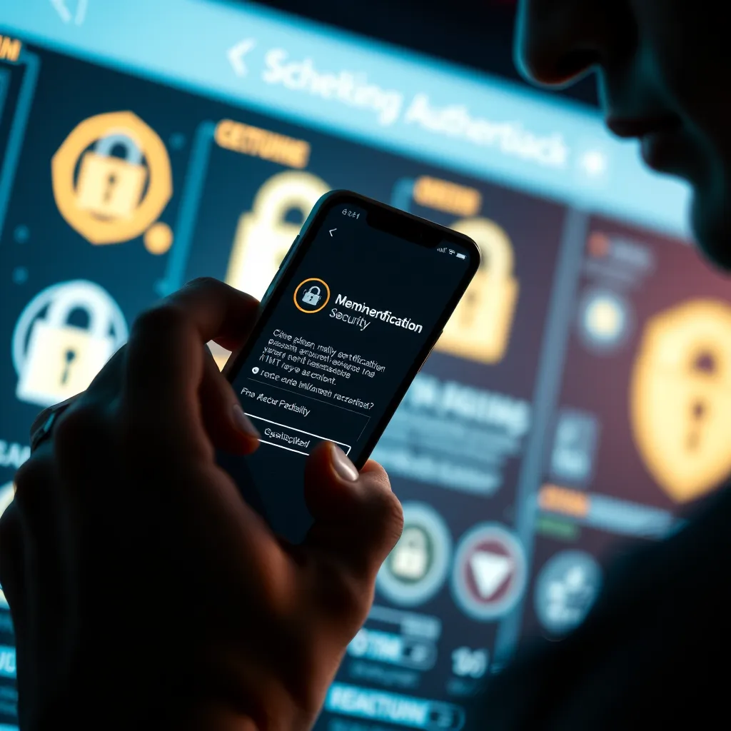 A close-up image of a person setting up two-factor authentication on their smartphone, emphasizing the security features and the person's focused expression. The background should be a digital interface with security symbols.