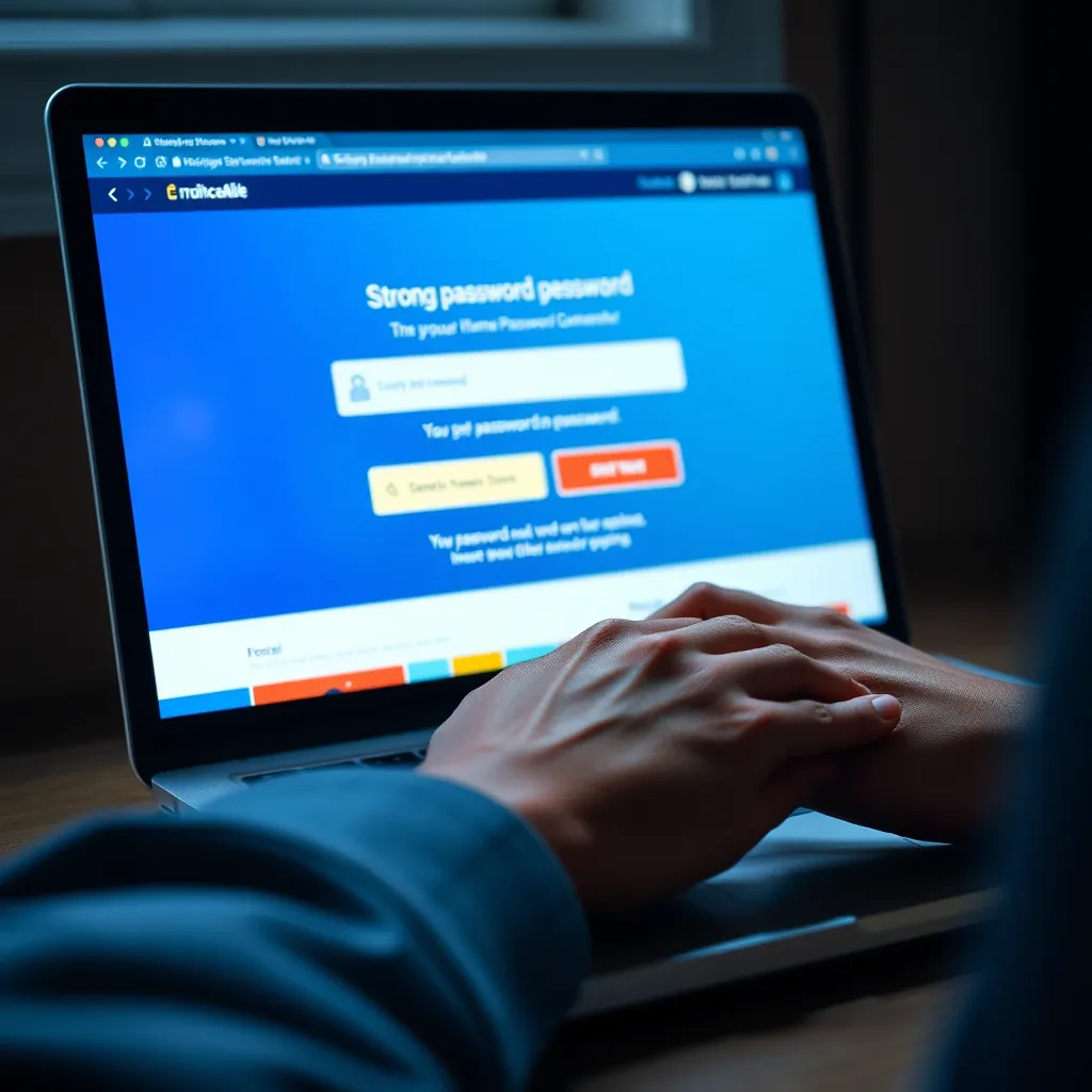 A close-up shot of a person typing a strong password on a laptop, with a strong password generator website open in the background. The image should be bright and clear, with a focus on the laptop screen.