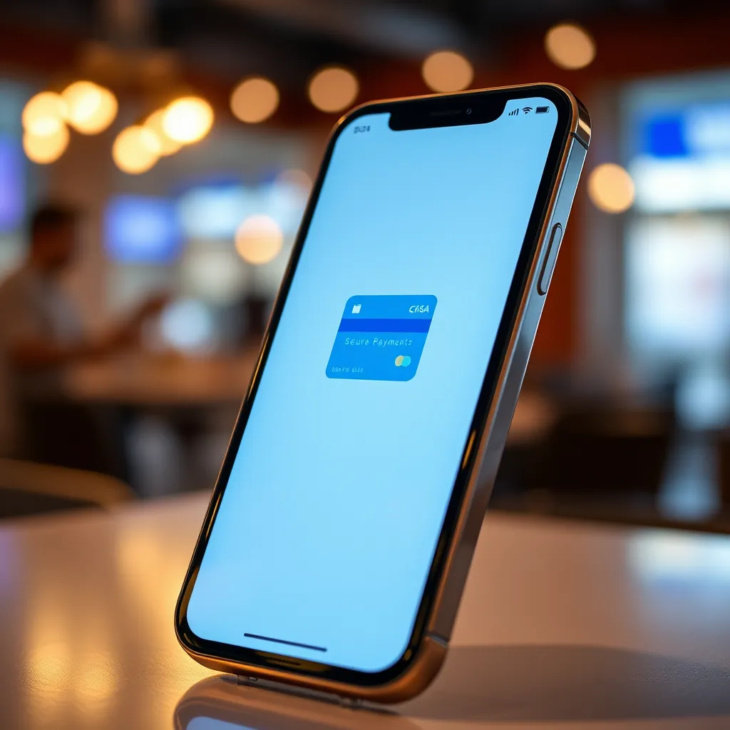 A close-up shot of a smartphone screen displaying a secure payment interface with a credit card icon. The phone should be positioned on a table with a blurred background, creating a sense of focus on the payment process.