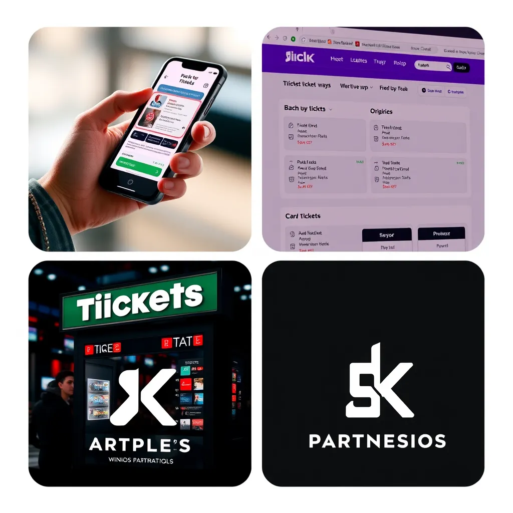 A collage of different ways to buy tickets: a person using a smartphone app, a website with ticket options, a physical ticket booth, and a partnership logo.