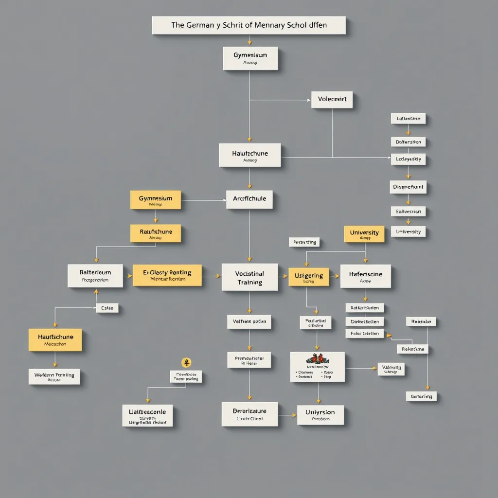 A complex flowchart visually depicting the different levels and tracks within the German school system. The flowchart should include elements like primary school, secondary schools (Gymnasium, Realschule, Hauptschule), vocational training, and university. Each element should be labeled in German and visually connected to show the possible pathways students can take.