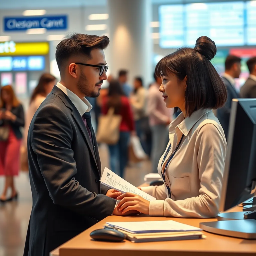 A customer service representative at a desk, using a computer to quickly process and confirm a ticket order. The background should show a busy ticket office with people waiting in line.