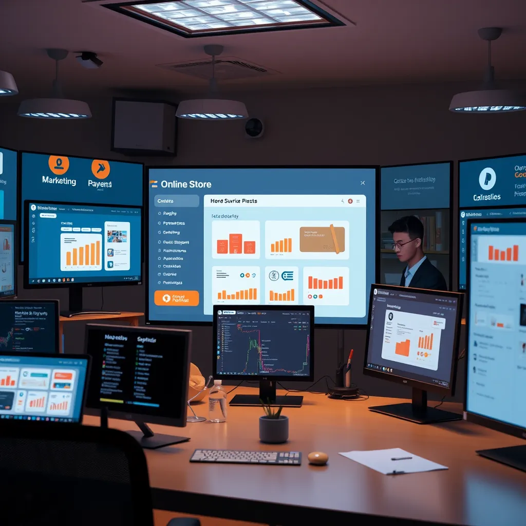 A digital workspace with various tools and apps displayed on screens. The tools should represent different areas of online store management: marketing, payments, shipping, customer support, etc.