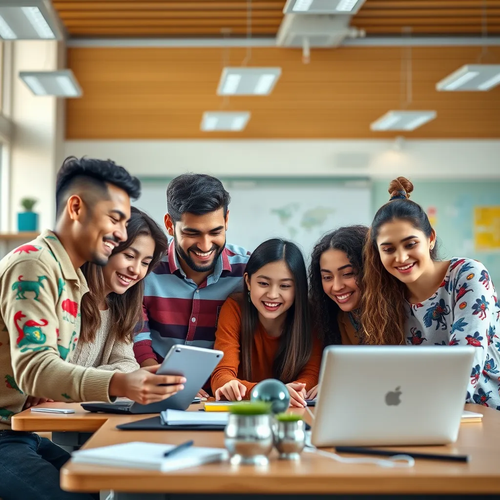 A diverse group of students from different countries and cultures working together on a project in a modern classroom. They are using technology and collaborating in a globalized learning environment. The image should be bright, colorful, and capture the energy and excitement of international collaboration.