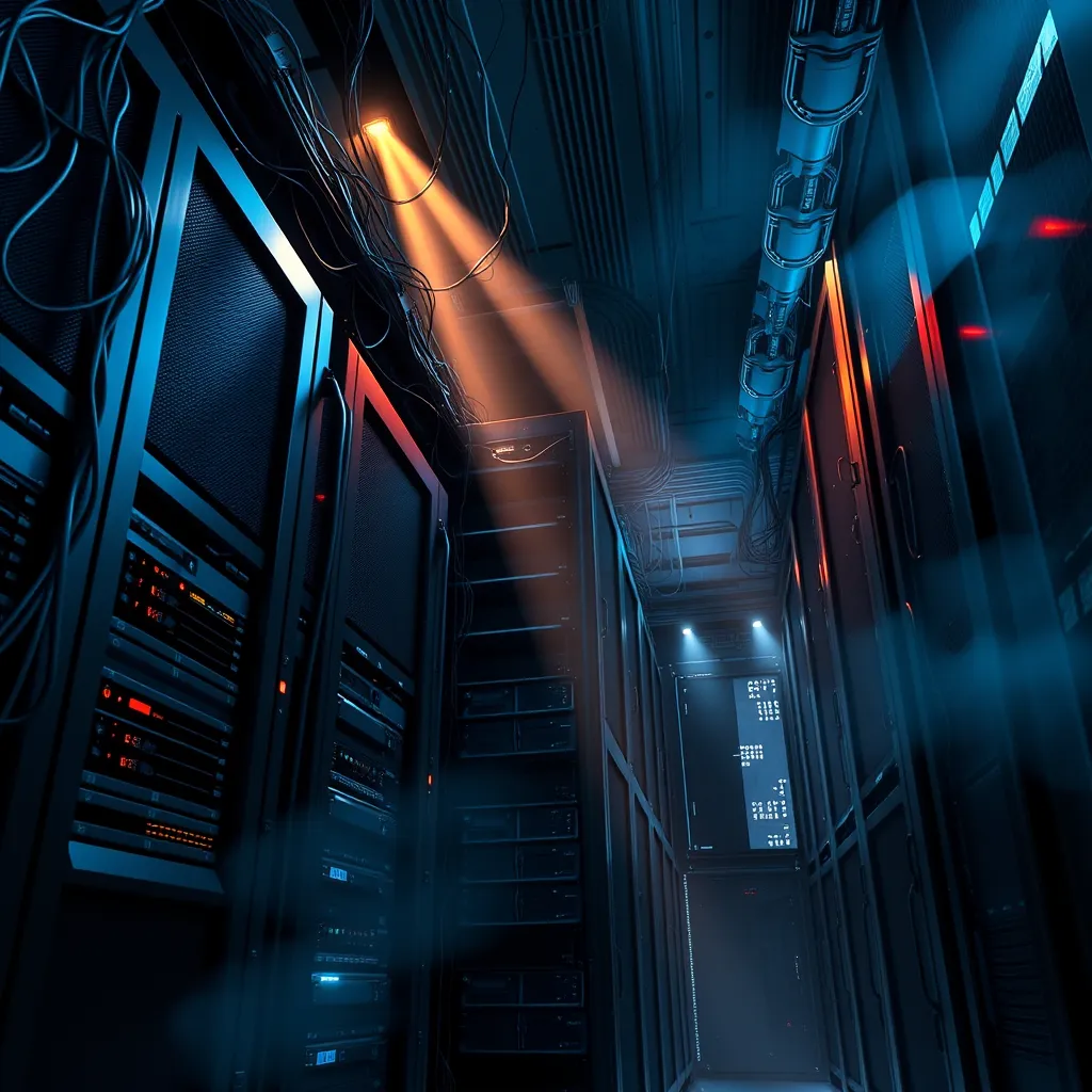 A dramatic image showcasing a secure data center with complex servers, network devices, and security infrastructure. The lighting should be dramatic, with beams of light illuminating key elements. The image should evoke a sense of security and protection. Focus on the intricate wiring and network connections, highlighting the complexity and sophistication of the security measures. The camera angle should be low, emphasizing the scale and importance of the data center. Render in 8K resolution with ultra-detailed textures, showcasing the intricate details of the equipment and the sleek, modern design of the facility. Incorporate subtle environmental elements like smoke and fog to enhance the dramatic mood.  Reference the style of cyberpunk art and photography for a futuristic and edgy aesthetic.