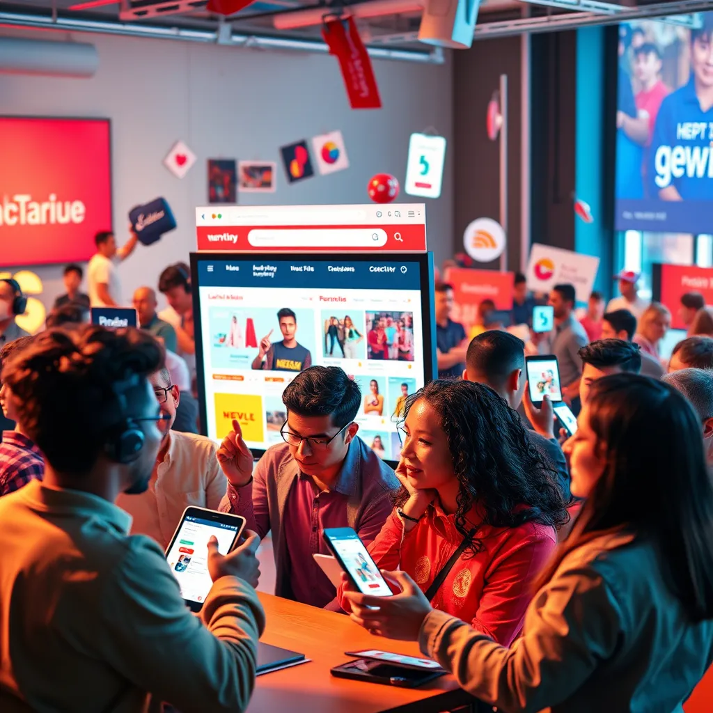 A dynamic image of a marketing campaign for an online store. The image should feature a diverse group of people interacting with the online store's website and social media platforms. The image should showcase a variety of marketing tactics, such as social media advertising, email marketing, influencer partnerships, and content marketing. The overall mood should be energetic, vibrant, and engaging. The image should be captured from a wide-angle perspective, emphasizing the scale and scope of the online store's marketing efforts. The image should be rendered in a realistic style, with a focus on sharp details and vibrant colors. The image should be inspired by successful marketing campaigns for popular online stores, showcasing the creativity and effectiveness of modern marketing techniques.