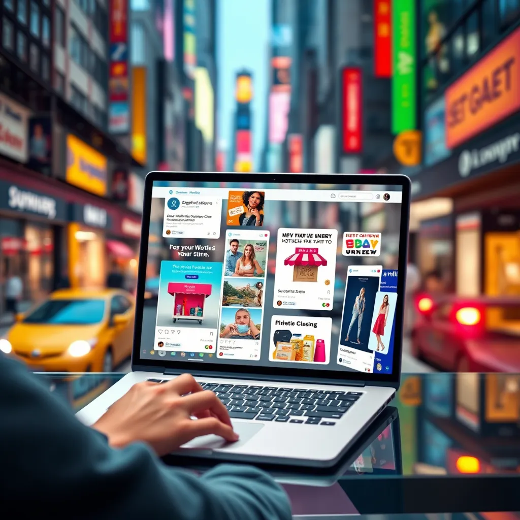 A graphic designer working on a laptop, showcasing various social media platforms and ad campaigns promoting an online store. The background should depict a bustling city street with a vibrant and modern feel, representing the online world and its vast possibilities.