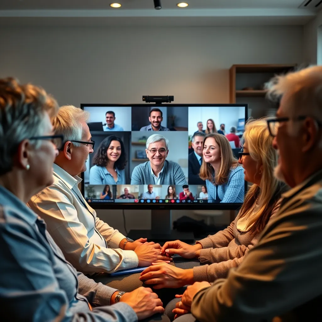 A group of adults of different ages and backgrounds attending an online course together. They are using video conferencing to learn from a teacher and interact with other students. The image should capture the flexibility and accessibility of online learning and the benefits of continuous learning throughout life.