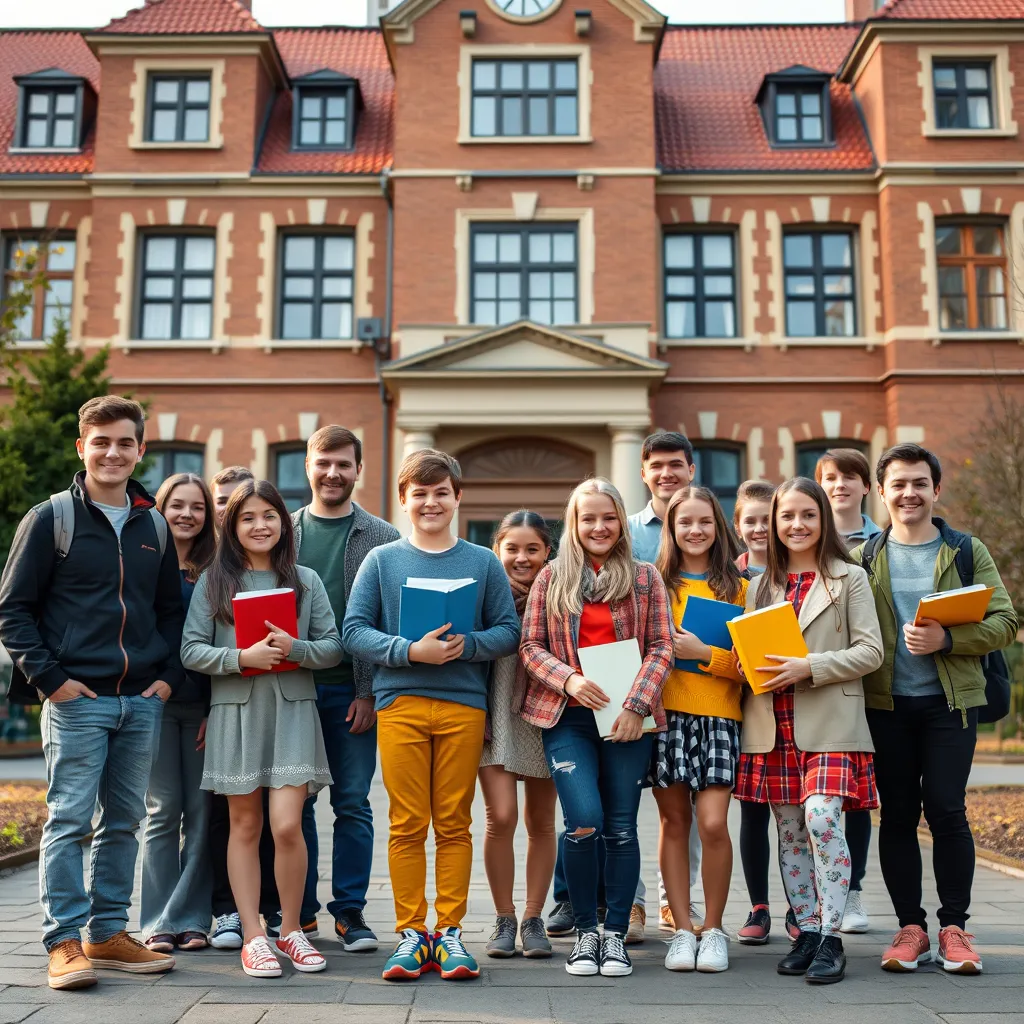 A group of diverse students of different ages, from elementary school to high school, standing in front of a large German school building with a traditional facade. The students are smiling and holding textbooks, representing the long duration of education in Germany.
