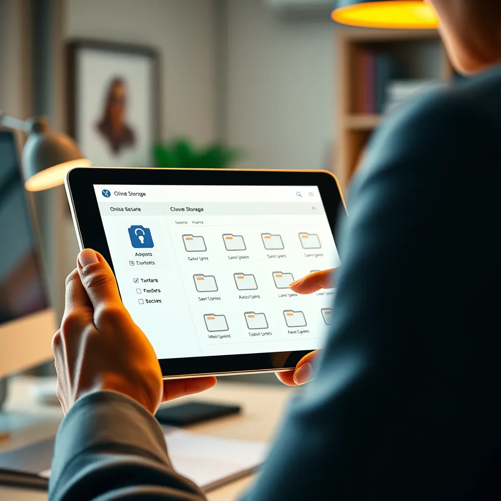 A hyperrealistic image of a person using a tablet to access a secure online platform for storing and managing personal data. The tablet screen displays a user interface with a cloud-based storage system, showcasing folders and files organized for easy access. The image should convey a sense of security and convenience, with a sleek, minimalist design and a clean, modern color palette. The lighting should be warm and inviting, illuminating the person's hands and the tablet screen. The camera angle should be slightly elevated, focusing on the tablet screen and the person's interaction with the interface. The background should be a blurred representation of a home office environment, suggesting a sense of familiarity and comfort. The image should be rendered in 8K resolution with ultra-realistic detail, capturing the intricate textures of the tablet, the person's hands, and the surrounding environment. The style should be contemporary and elegant, evoking a sense of trust and reliability.