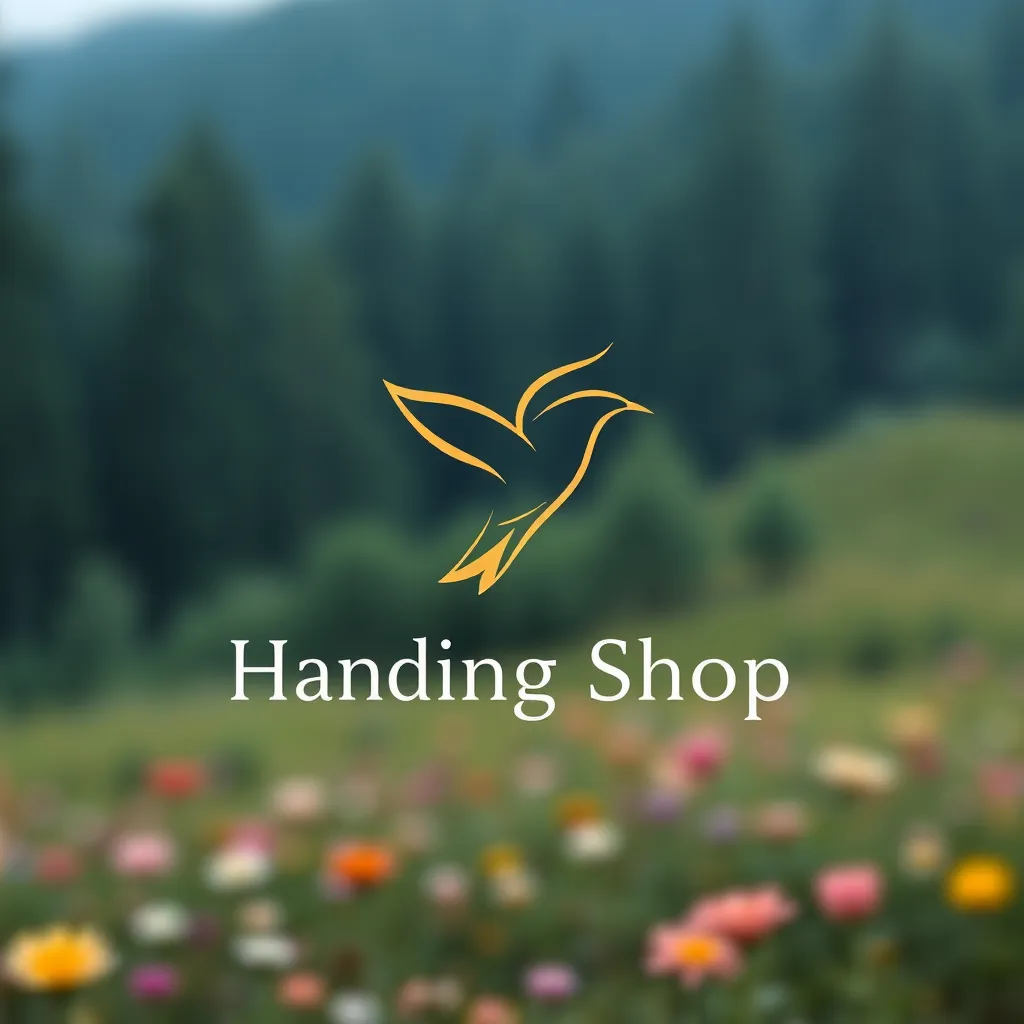 A minimalist logo design for an online shop selling handmade jewelry. The logo should feature a stylized bird in flight, with a color scheme of gold and emerald green. The background is a blurred image of a natural scene, such as a forest or a field of flowers. The logo should be placed prominently in the center of the image, with the shop name written beneath it in a modern, sans-serif font.