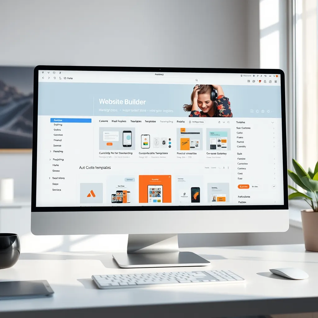 A modern and clean computer screen displaying a website builder interface with various customizable templates and design options for an online store. The screen should be illuminated by natural light streaming in from a window.