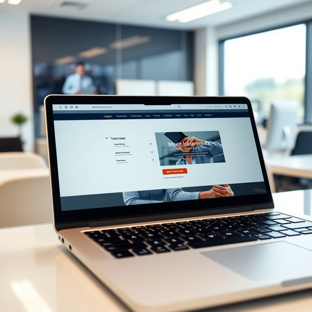 A modern laptop with a website open on the screen, showing an online ticket purchase interface. The website should feature a clear design with a prominent call-to-action button for buying tickets. The laptop should be placed on a desk in a brightly lit office environment.