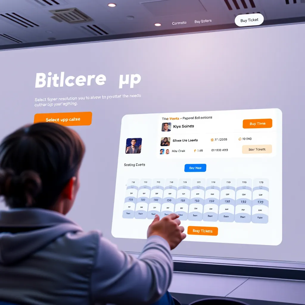 A modern website with a clear, easy-to-use interface for buying tickets. Show a user browsing through different events and selecting tickets on a seating chart. The website should have a clean design with bright colors and clear call-to-action buttons.