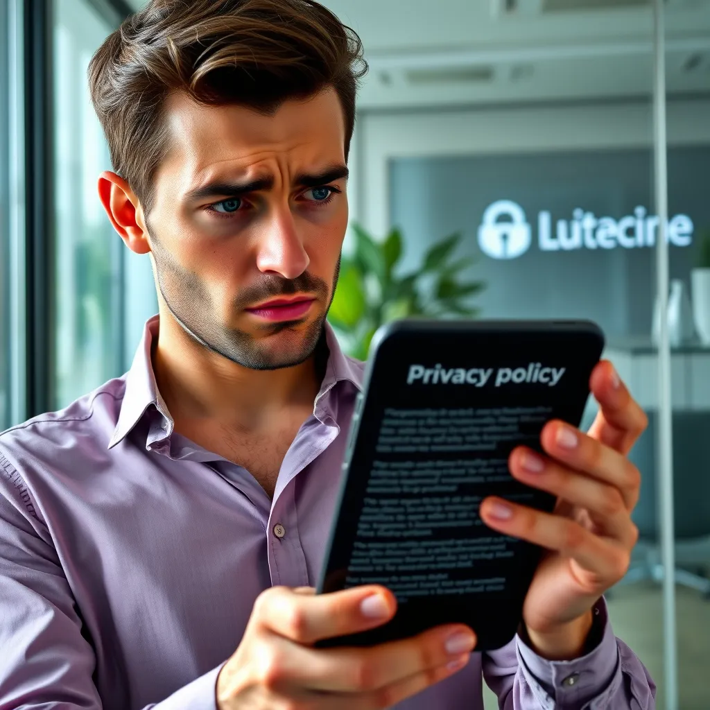 A person looking at a website's privacy policy with a concerned expression, while holding a phone in their hand. The website's logo and name should be visible in the background, with a focus on the privacy policy text. The image should be set in a modern office setting, with natural light and a clean background.