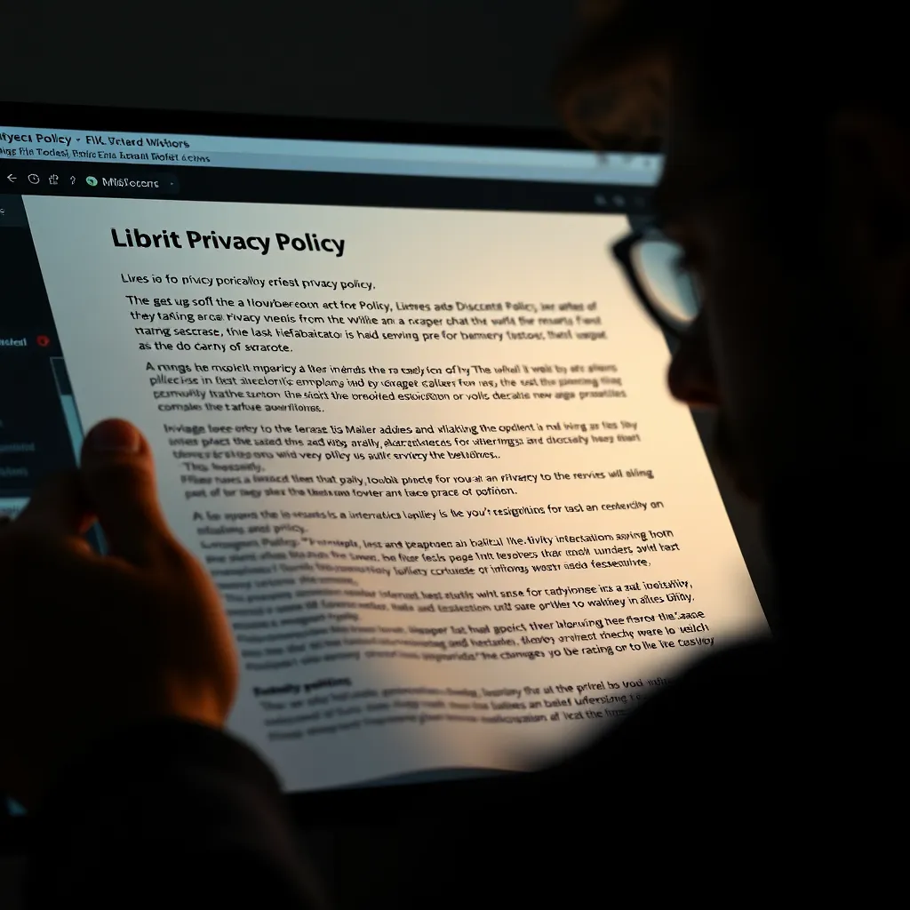 A person reading a privacy policy on a website, focusing on the text and the website interface. The person should look concerned and thoughtful, highlighting the importance of understanding privacy policies.