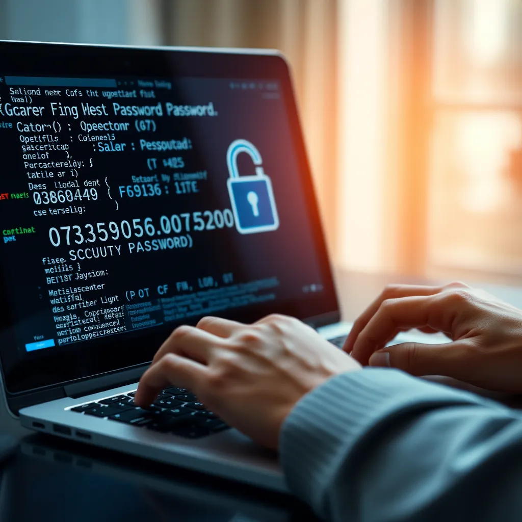 A person typing a strong password on a laptop, with a digital lock icon appearing on the screen, highlighting the importance of security