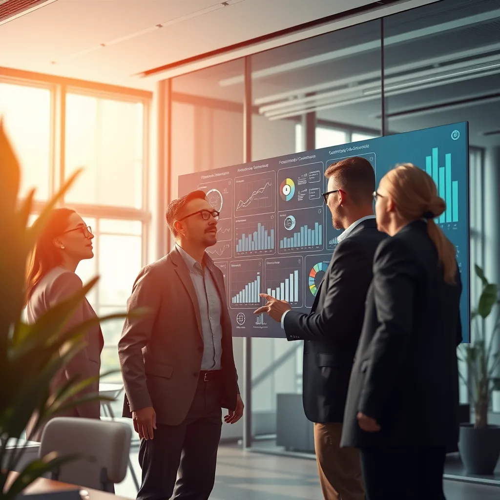 A photorealistic, ultra-high quality image depicting a modern, bright office space with a team of IT professionals working collaboratively on a large touch screen display. The display showcases complex data visualizations and charts, representing the automation and optimization of processes. The lighting should be soft and diffused, with warm tones. The image should convey a sense of innovation, efficiency, and collaboration.  Focus on the team's engaged expressions, highlighting their expertise and the positive impact of the technology. Camera angle should be slightly elevated, creating a sense of perspective and dynamism. Render in 8K resolution with hyperrealistic detail, emphasizing the intricate textures of the technology and the professional attire of the team.  Include subtle environmental elements like plants and modern furniture to create a welcoming and contemporary atmosphere.  Reference the style of renowned photographers specializing in business and technology.