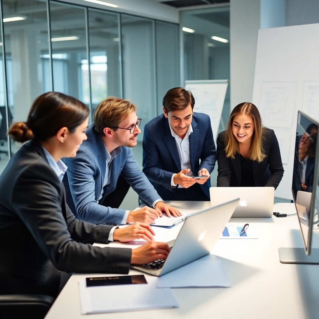 A photorealistic image depicting a team of IT consultants working with a client in a modern office setting, analyzing data on laptops and whiteboards. The lighting is bright and professional, conveying expertise and collaboration.